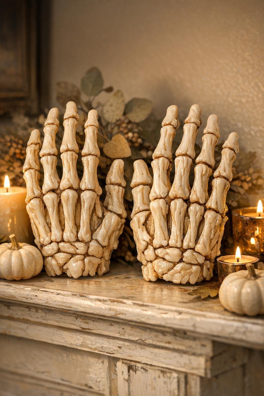Finished aged skeleton hands made from hot glue displayed on a Halloween mantel