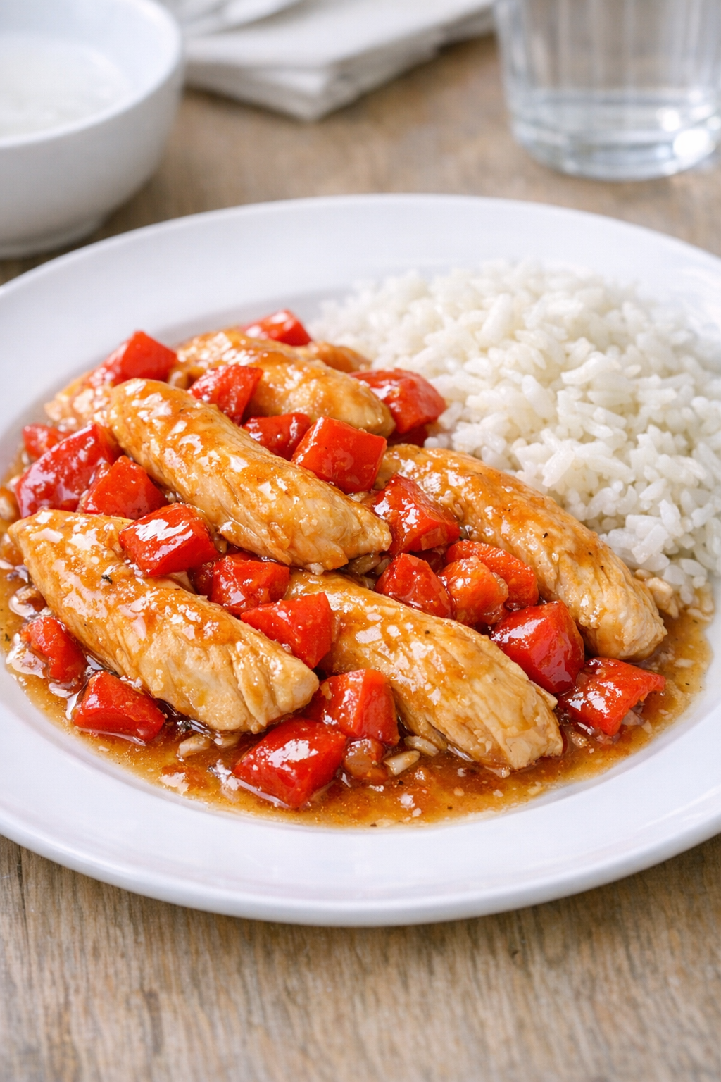 Finished slow cooker chicken plated with sauce and red peppers