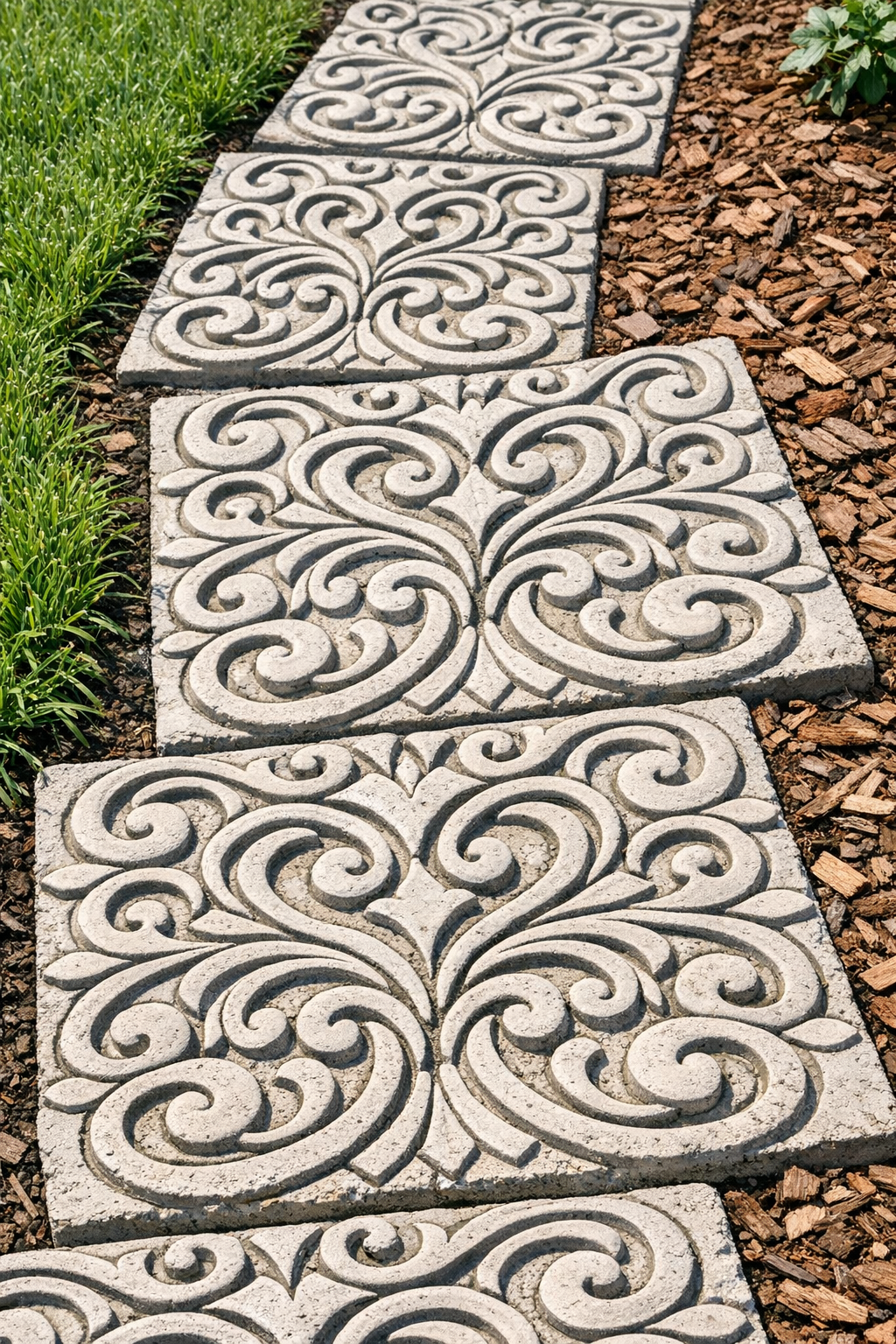 Finished scroll-pattern patio stones made from a rubber mat and cement