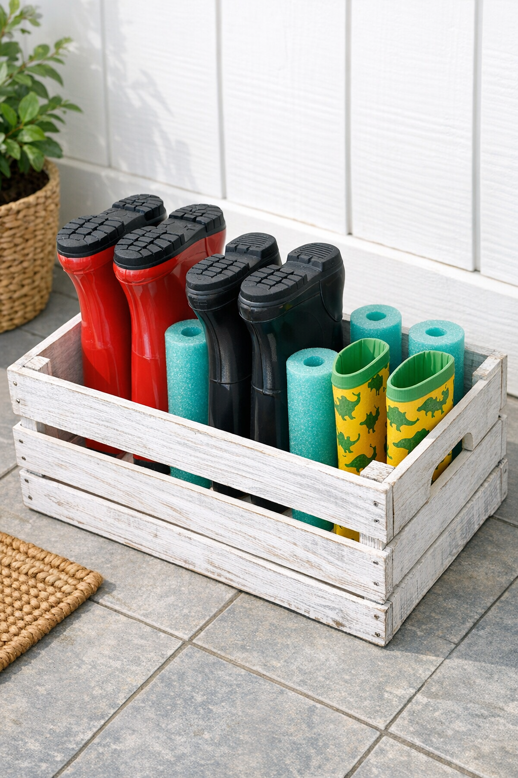 Finished outdoor boot rack made from teal pool noodles in a whitewashed wooden crate