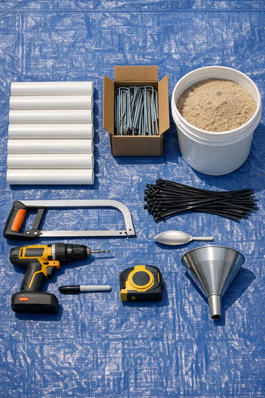 PVC pipe sections, landscape staples, and sand laid out with tools on a tarp