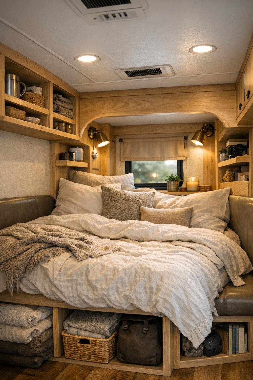 Cozy sleeping nook in converted camper with layered bedding and built-in shelves
