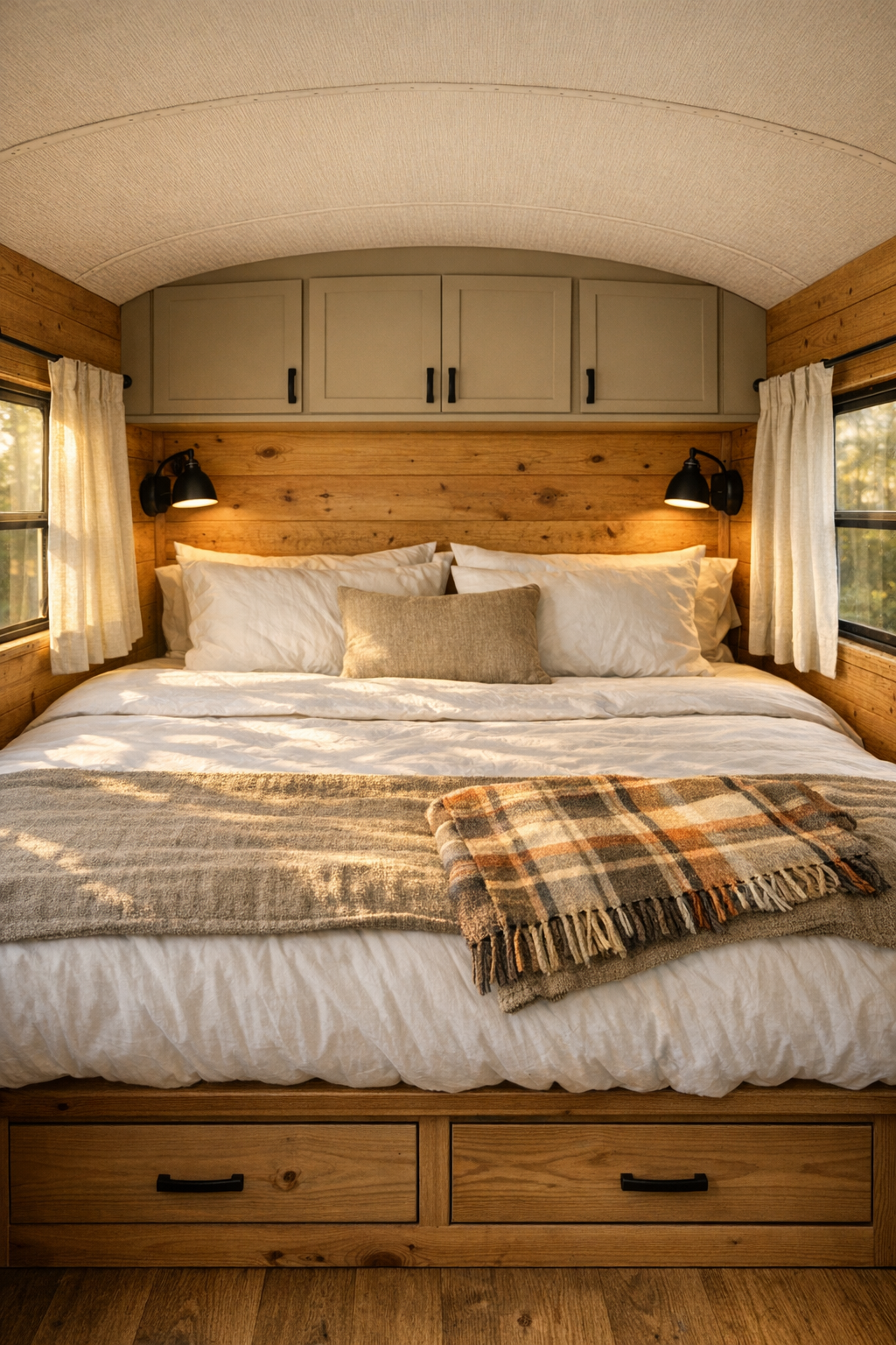 Peaceful bus bedroom with platform bed, linen curtains, and built-in storage