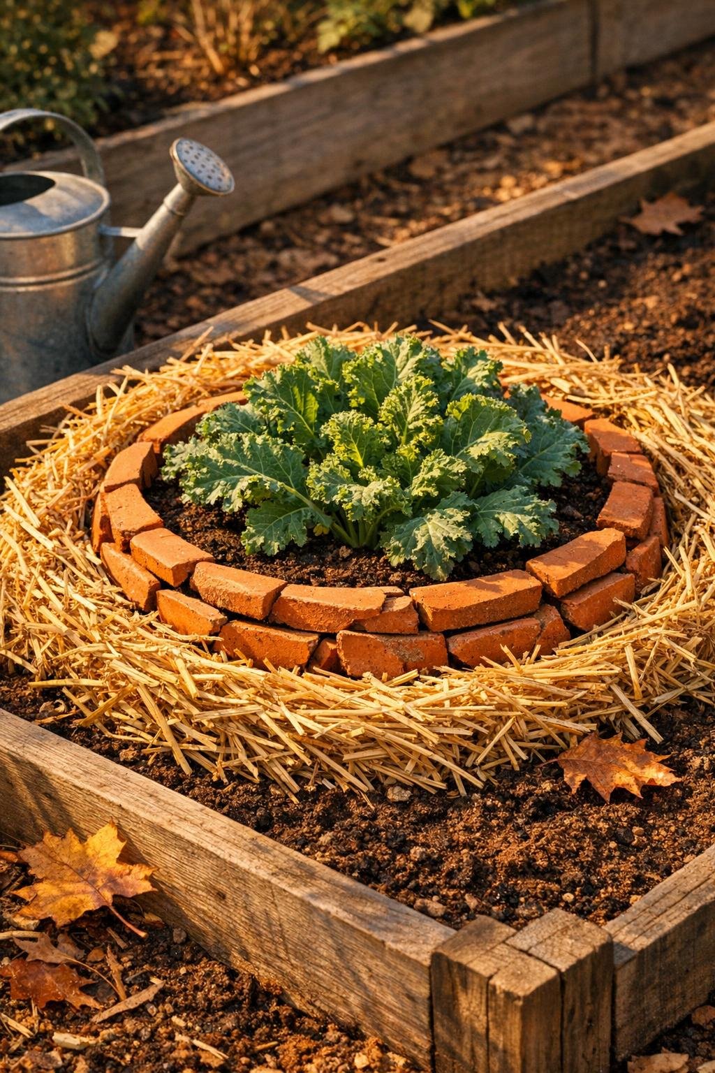 Finished terracotta shard heat-retention collar in a raised garden bed
