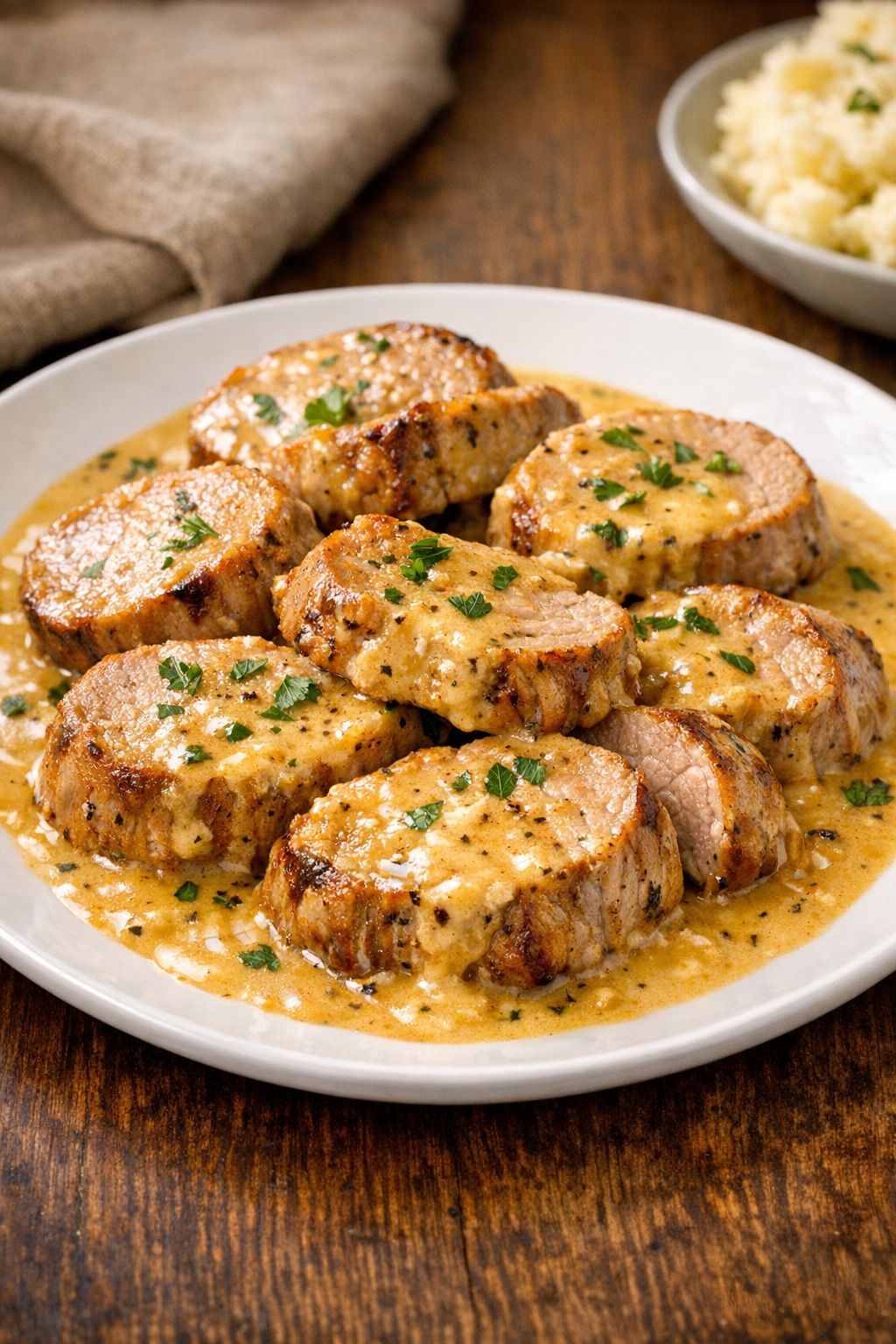 Finished plated pork tenderloin medallions in creamy golden sauce