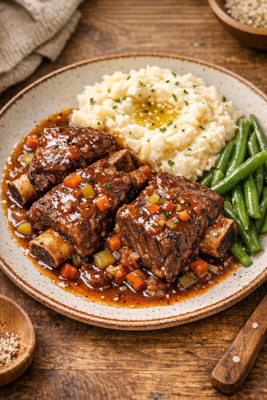 Finished plated beef short ribs with rich sauce