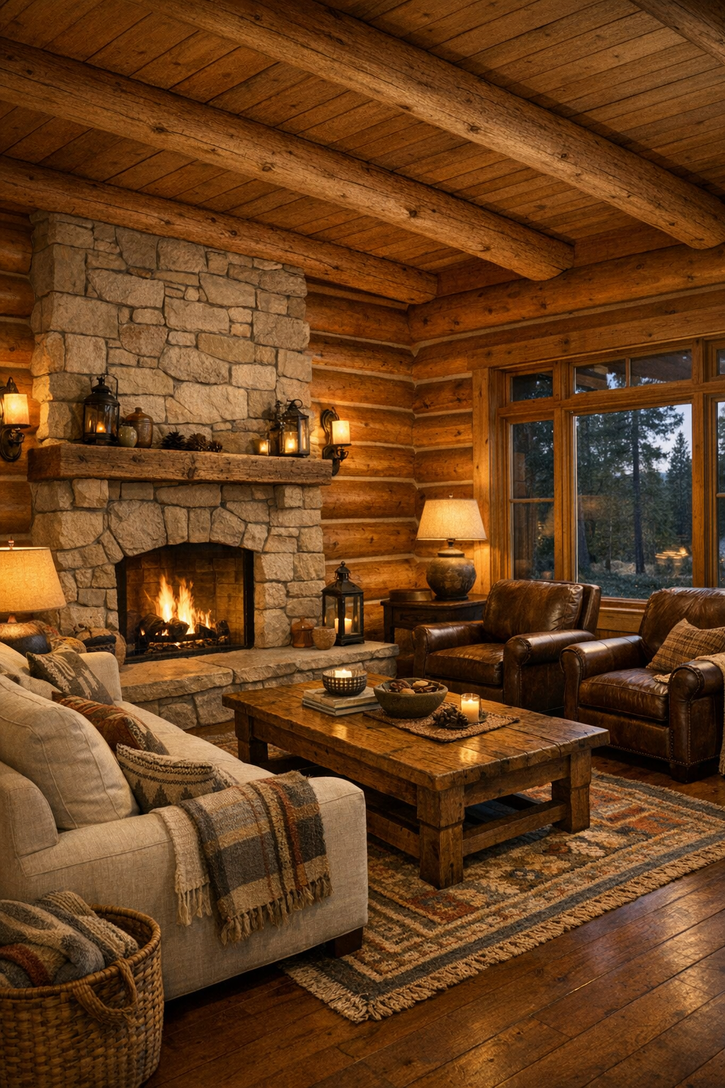 Warm cedar log living room with stone fireplace and cozy layered seating