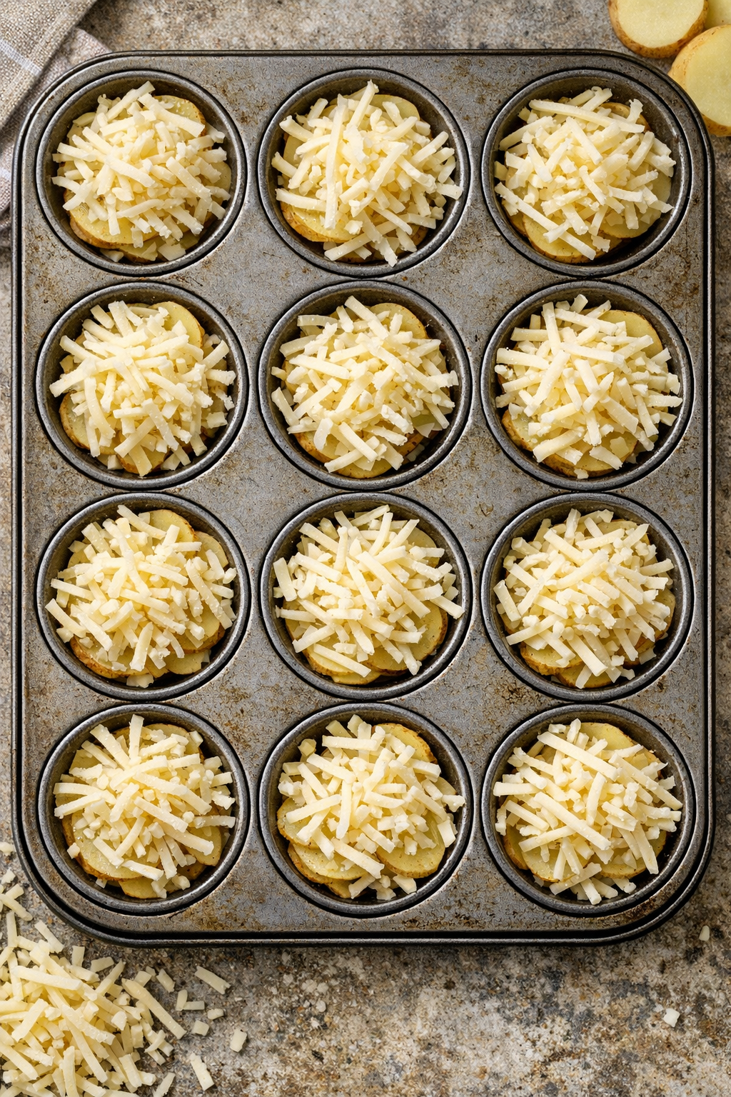 Muffin tin filled with layered potato slices topped with Swiss cheese