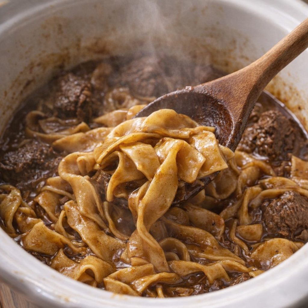 Egg noodles stirred into rich brown gravy in the slow cooker