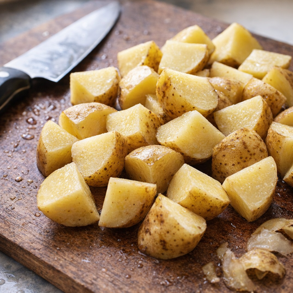 Chunked potatoes on a cutting board during prep