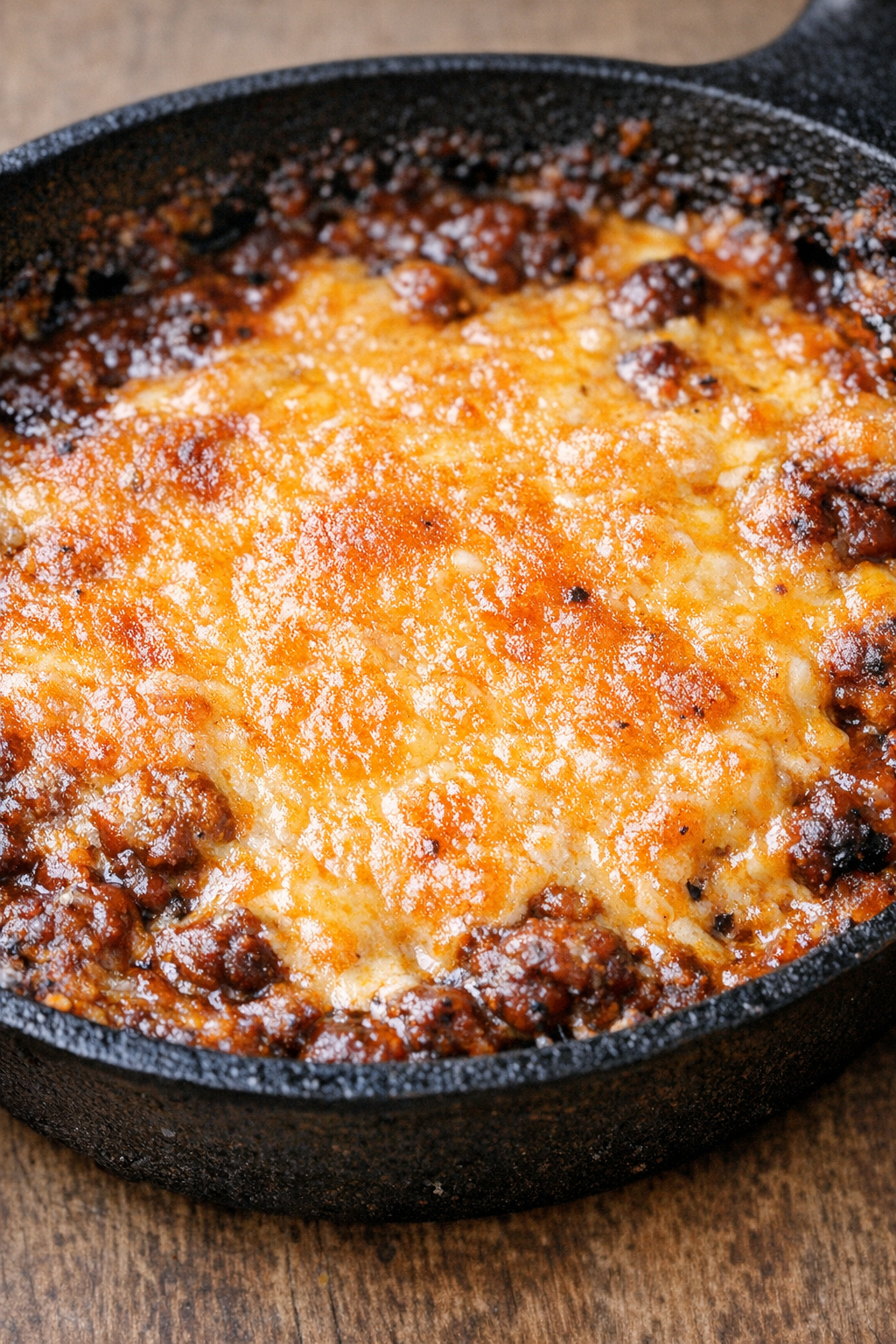 Bubbly chili cheese dip in a cast iron skillet