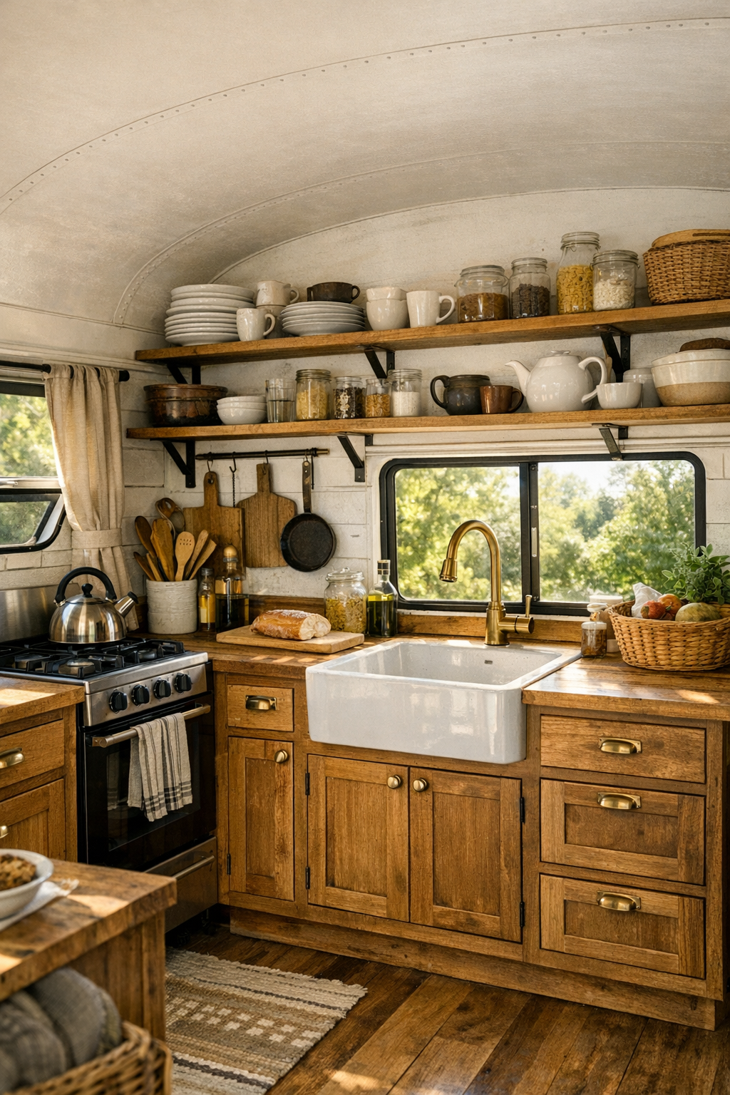 Small rustic bus kitchen with butcher block counters and open shelves