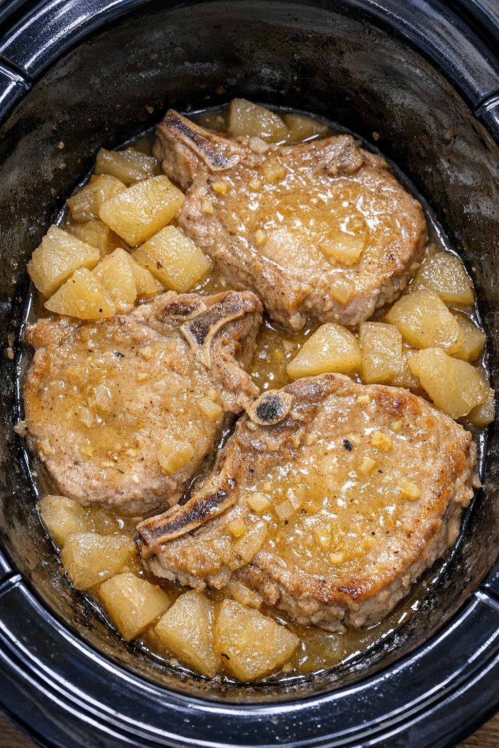Slow cooker pear ginger pork chops in a black slow cooker