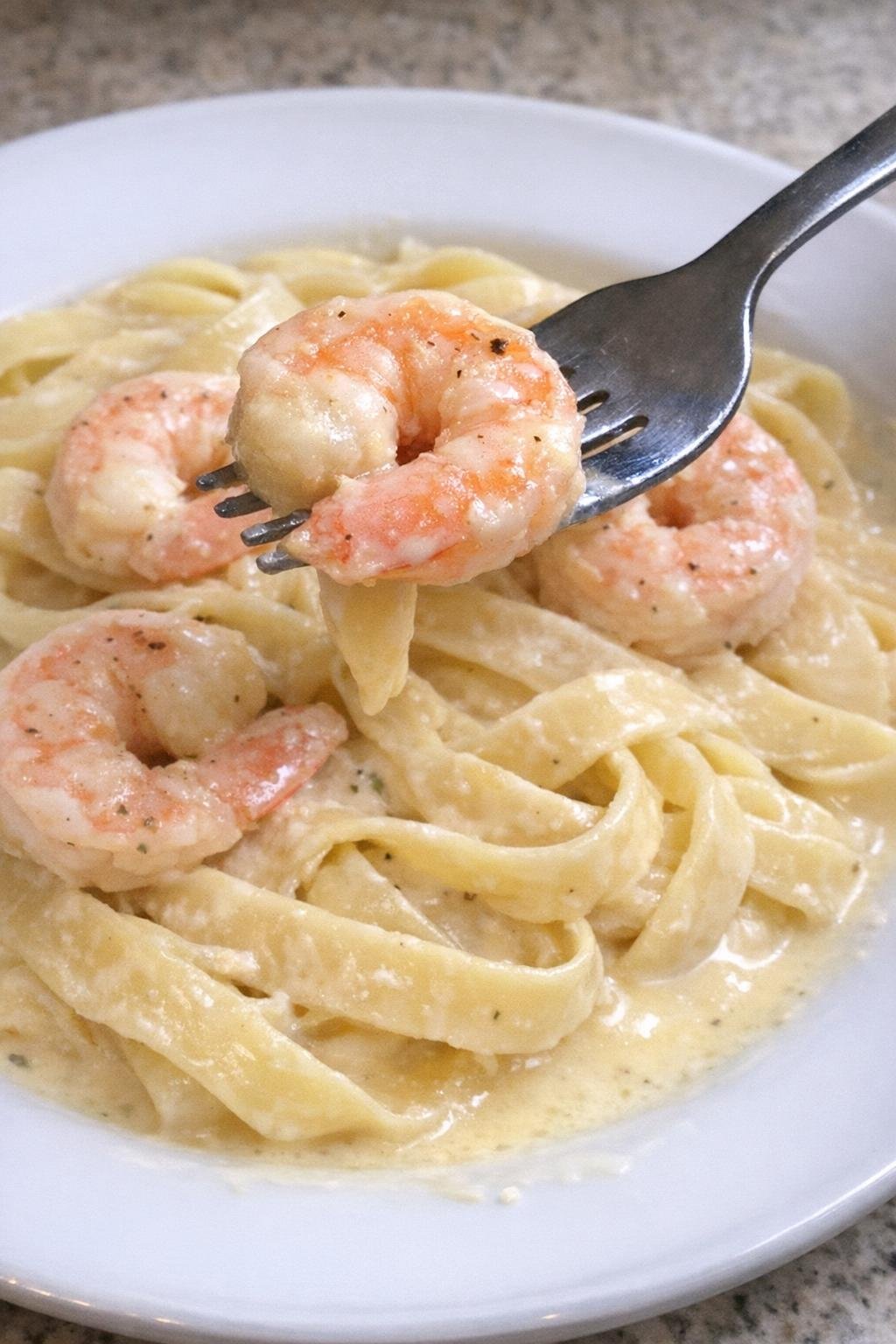 Shrimp Alfredo plated with a fork lifting one shrimp