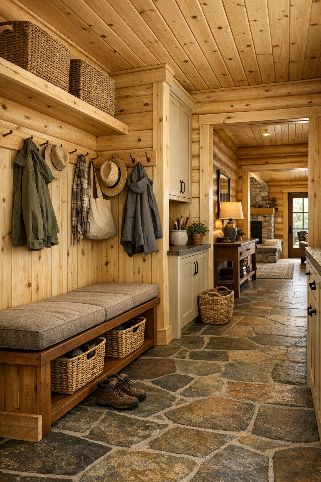 Thoughtful mudroom and hallway area with built-ins, bench seating, and durable natural materials