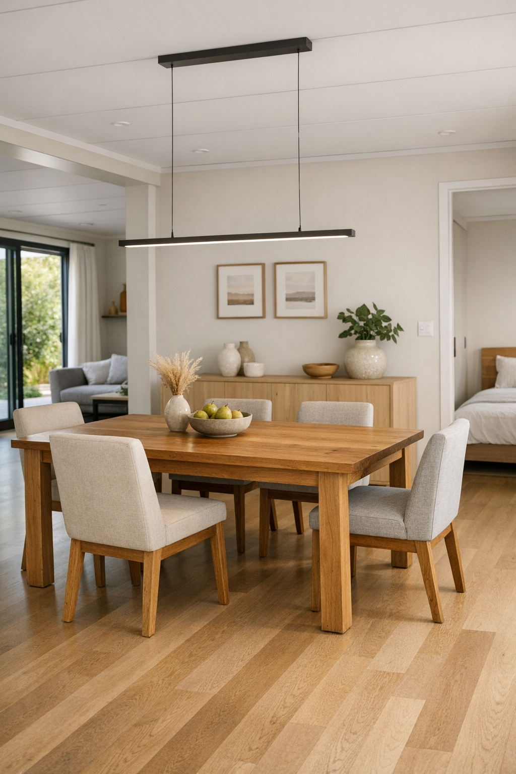 Soft modern dining room with wood table and warm neutral finishes
