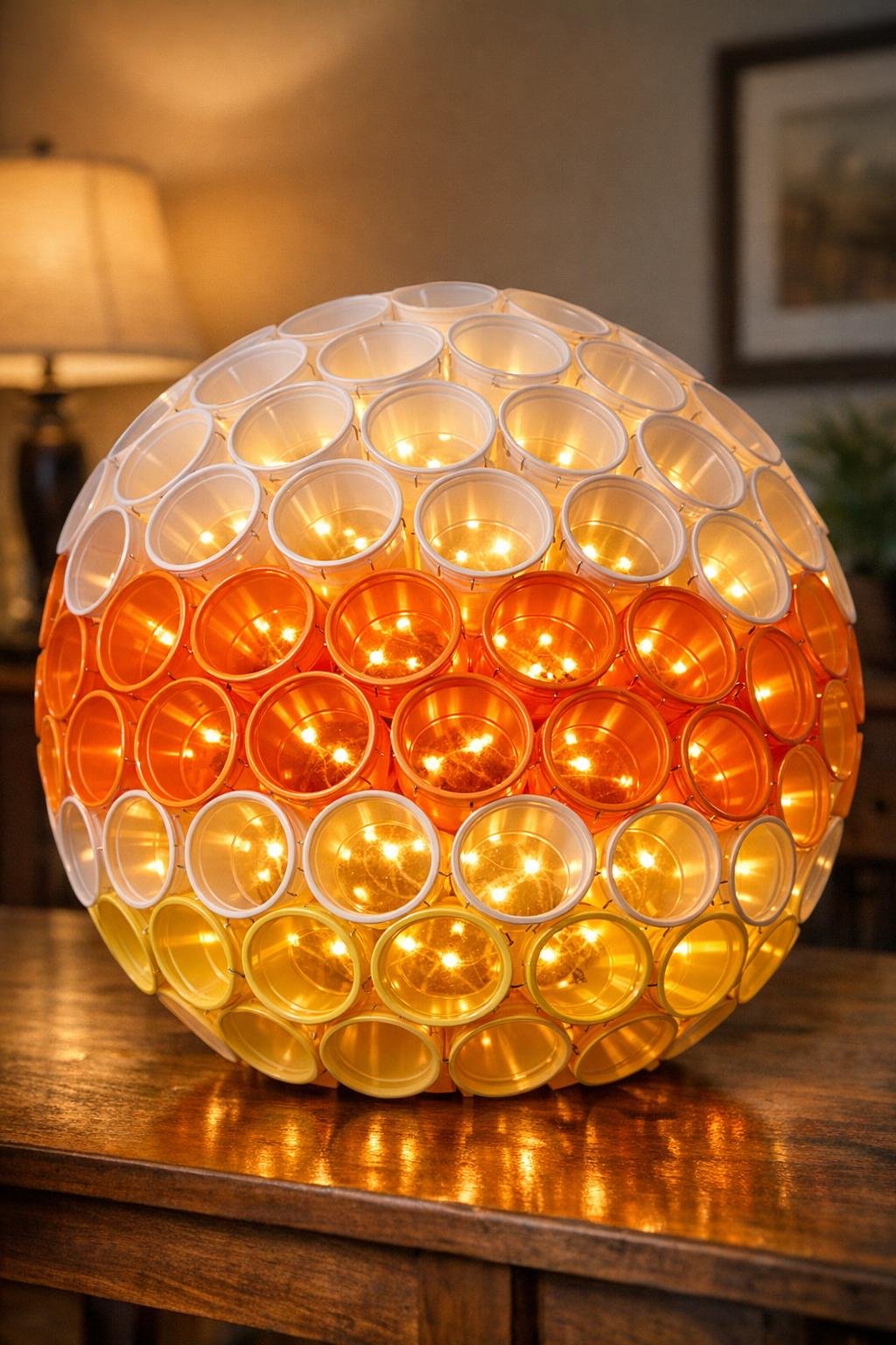Finished glowing candy corn light globe made from plastic cups