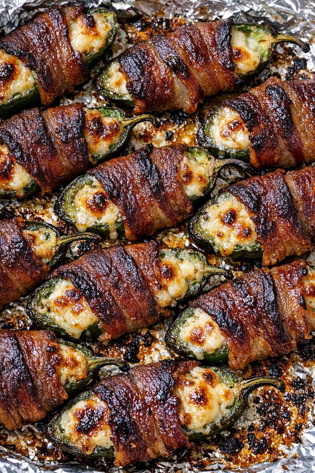 Southern 3-ingredient bacon wrapped jalapenos on a foil-lined baking tray
