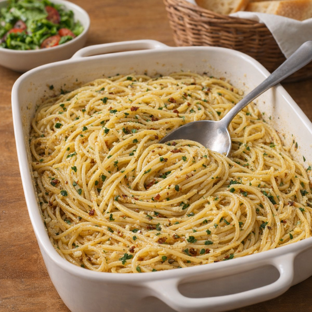 White casserole dish of cowboy butter pasta on a family dinner table