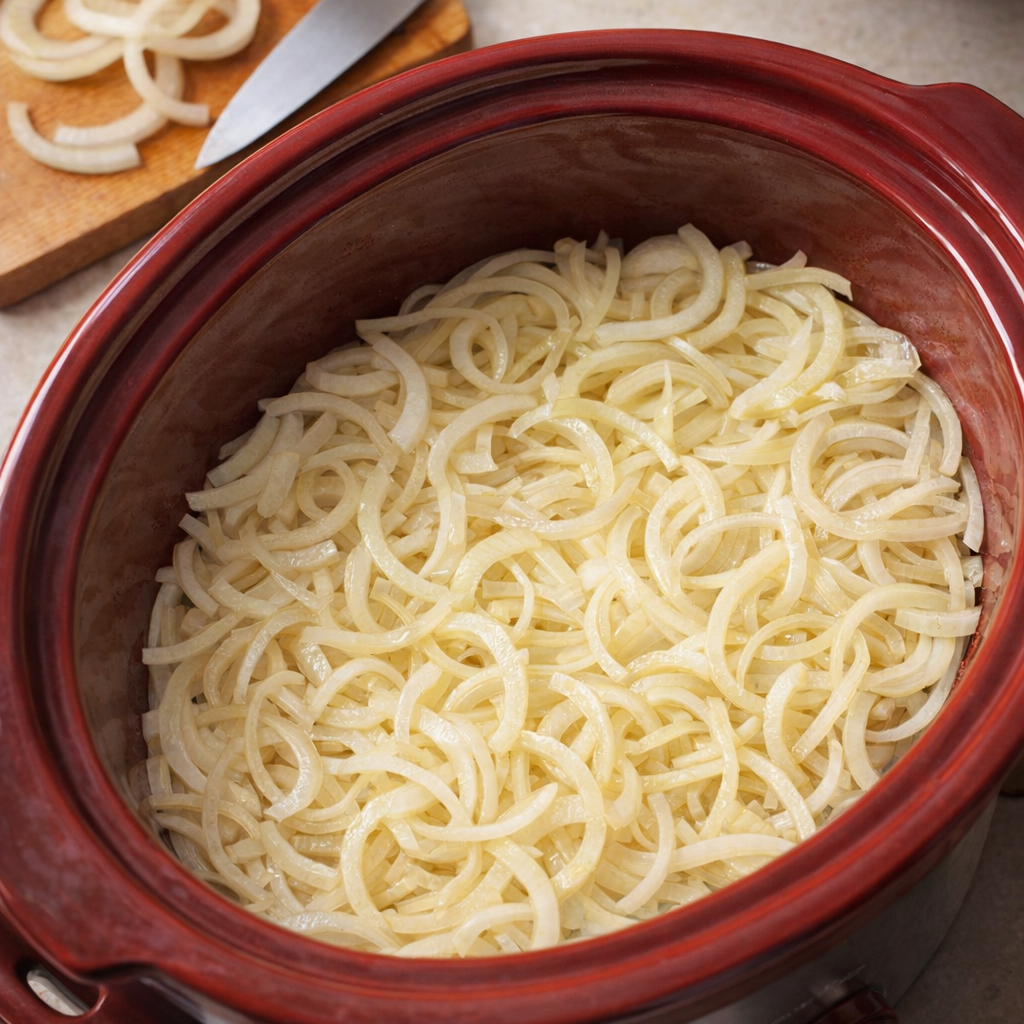 Sliced onions layered in a slow cooker
