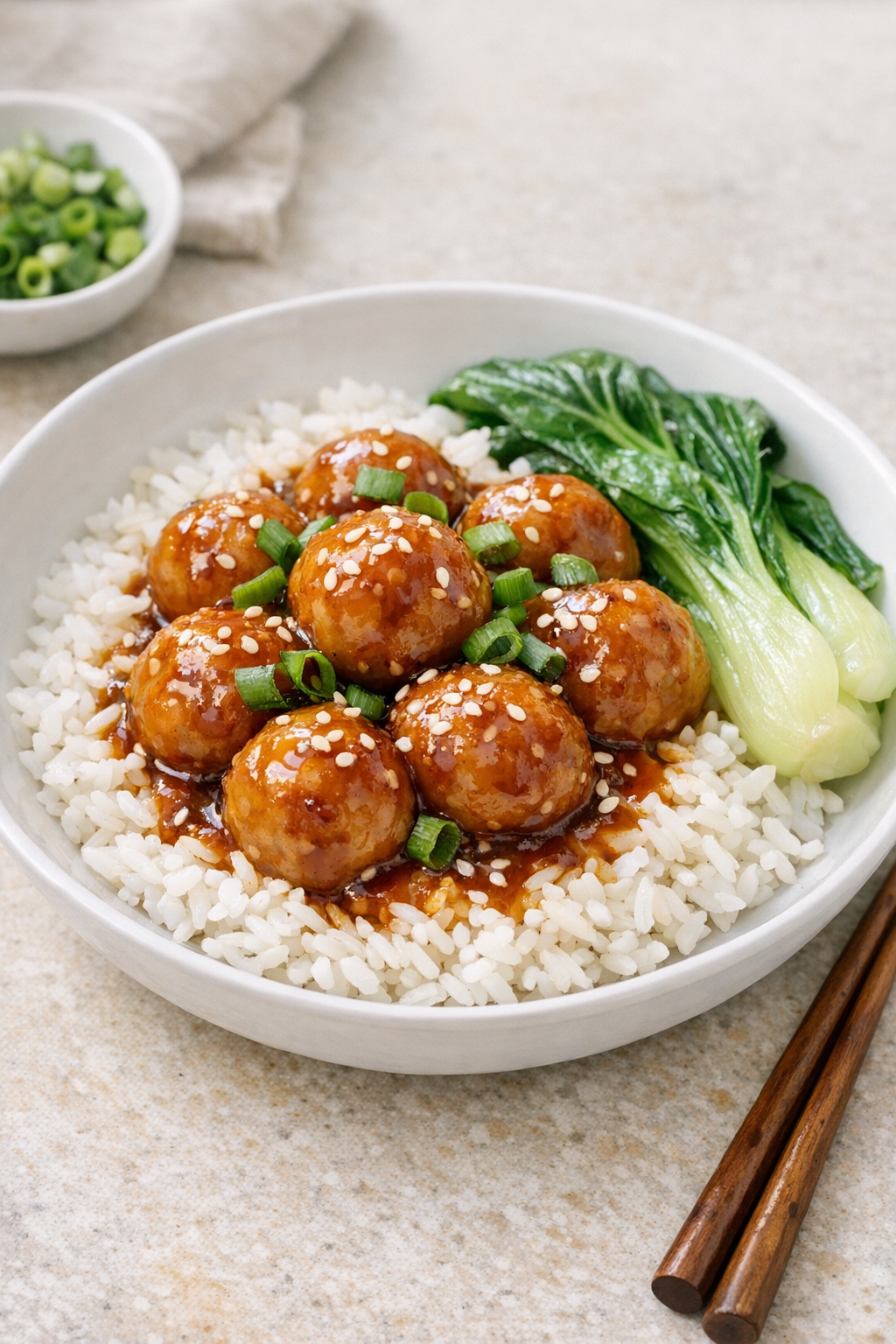 Finished saucy fish balls served over rice