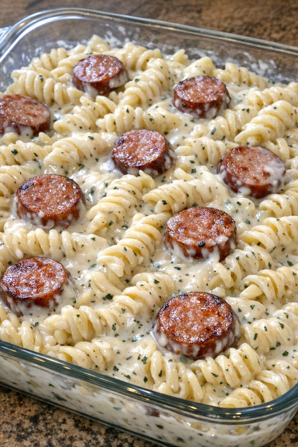 Creamy ranch kielbasa pasta in a glass casserole dish