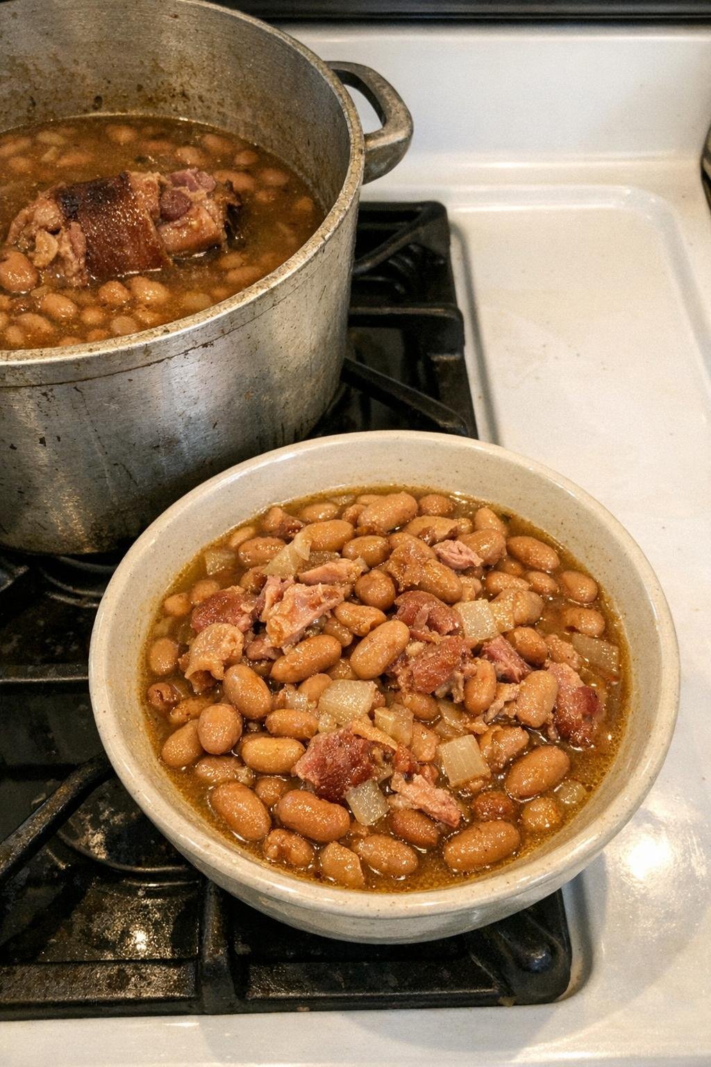 Finished bowl of pinto beans with ham hock broth