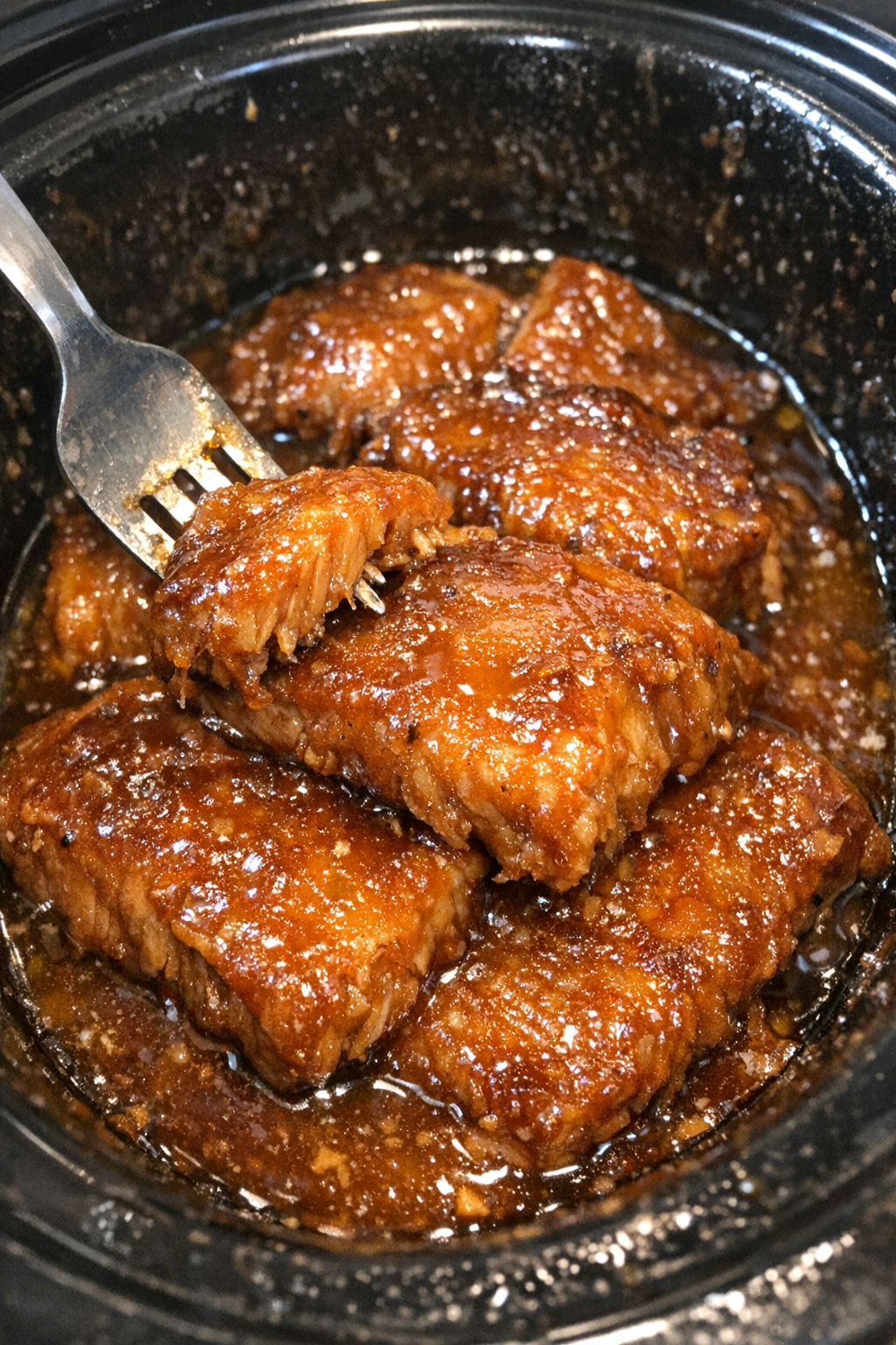 Unidentifiable fork-tender protein slabs in glossy golden sauce in a slow cooker