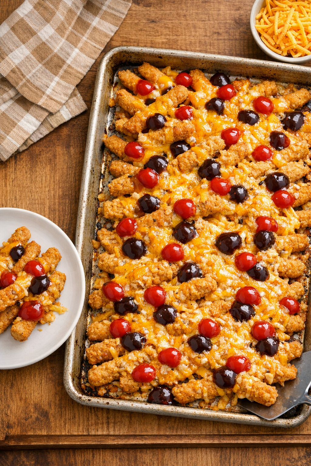 Finished cheesy chicken fries bake on a sheet pan