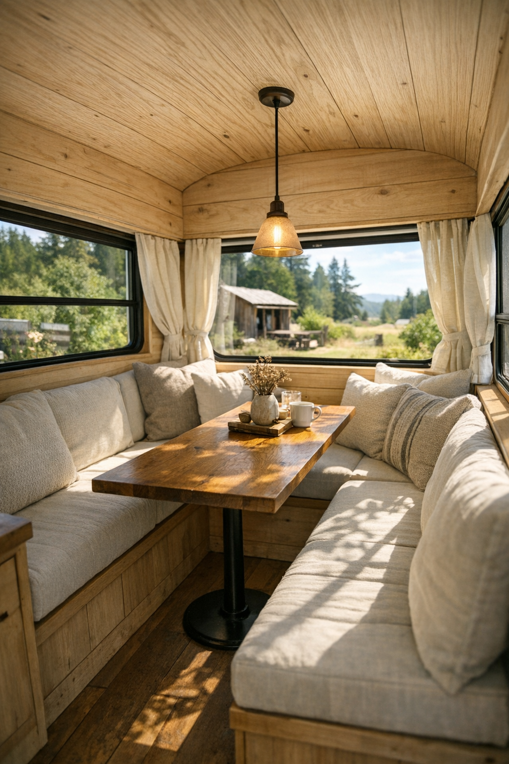 Compact dining nook in a converted bus with banquette seating and a wood table