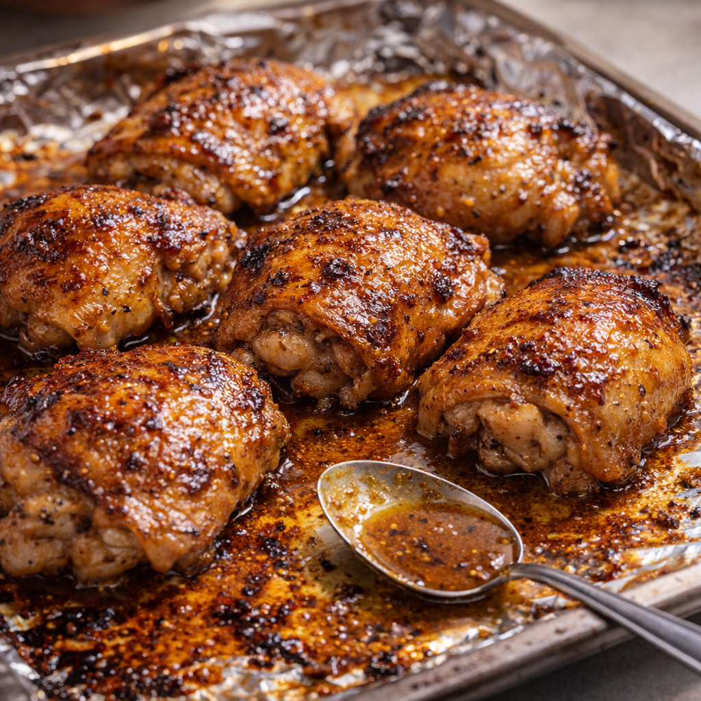 Broiled honey mustard chicken with browned sticky skin