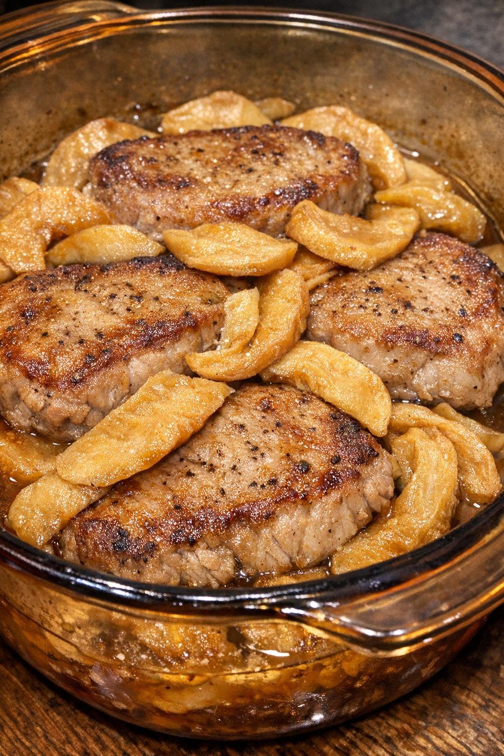 Tender pork chops with dried apples in a vintage amber casserole dish
