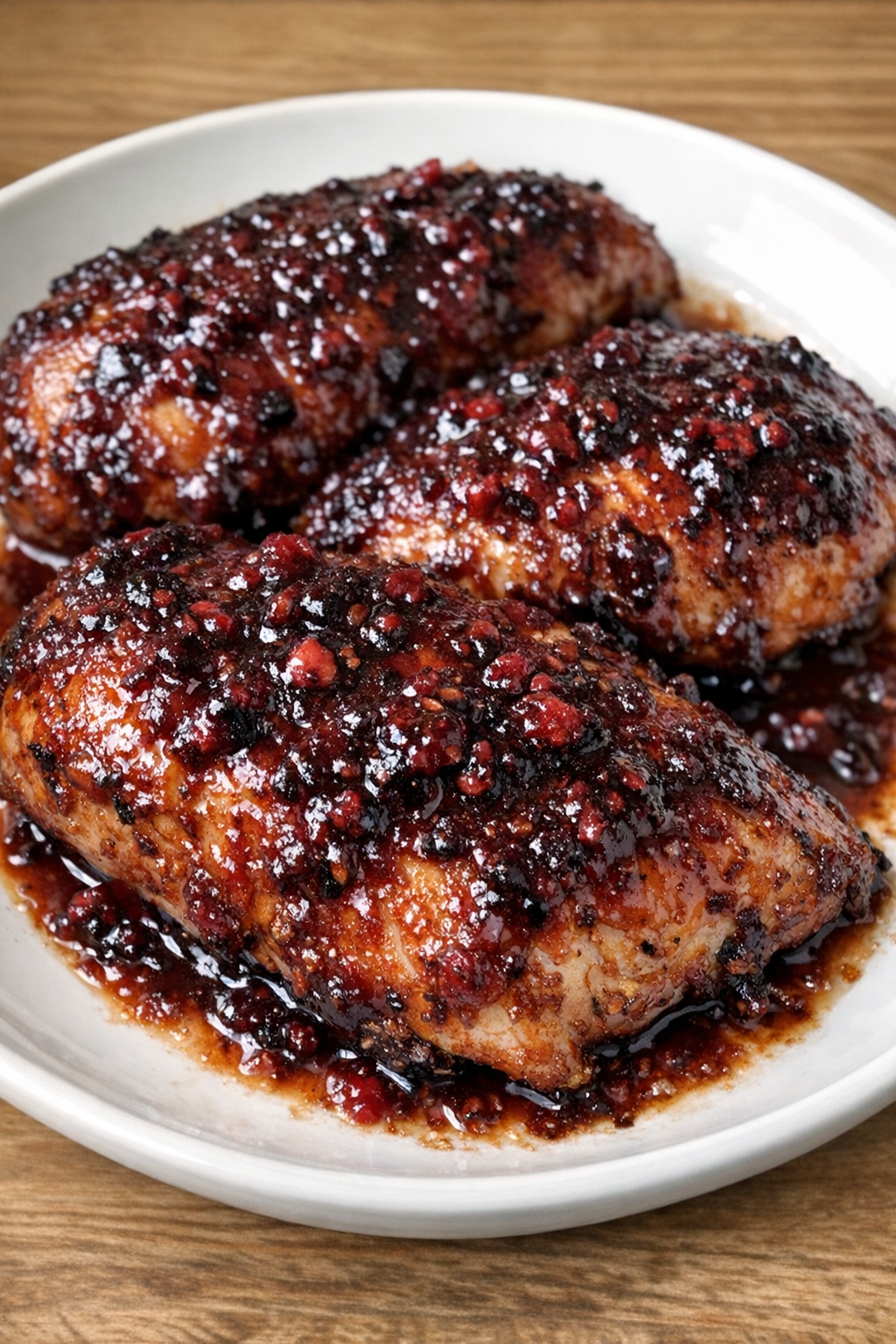 Slow cooker raspberry jam chicken plated on a white ceramic plate