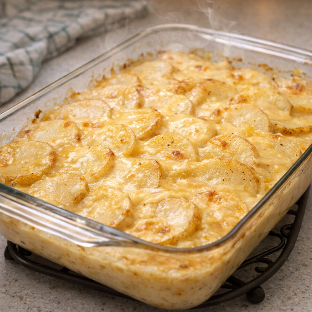 Golden browned top of baked chicken soup potatoes