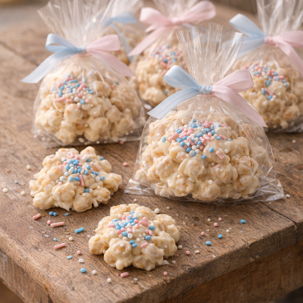 Treat bags filled with peanut clusters tied with ribbon