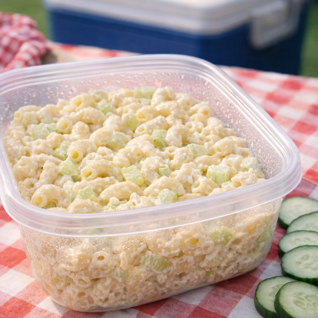 Macaroni salad packed for a picnic