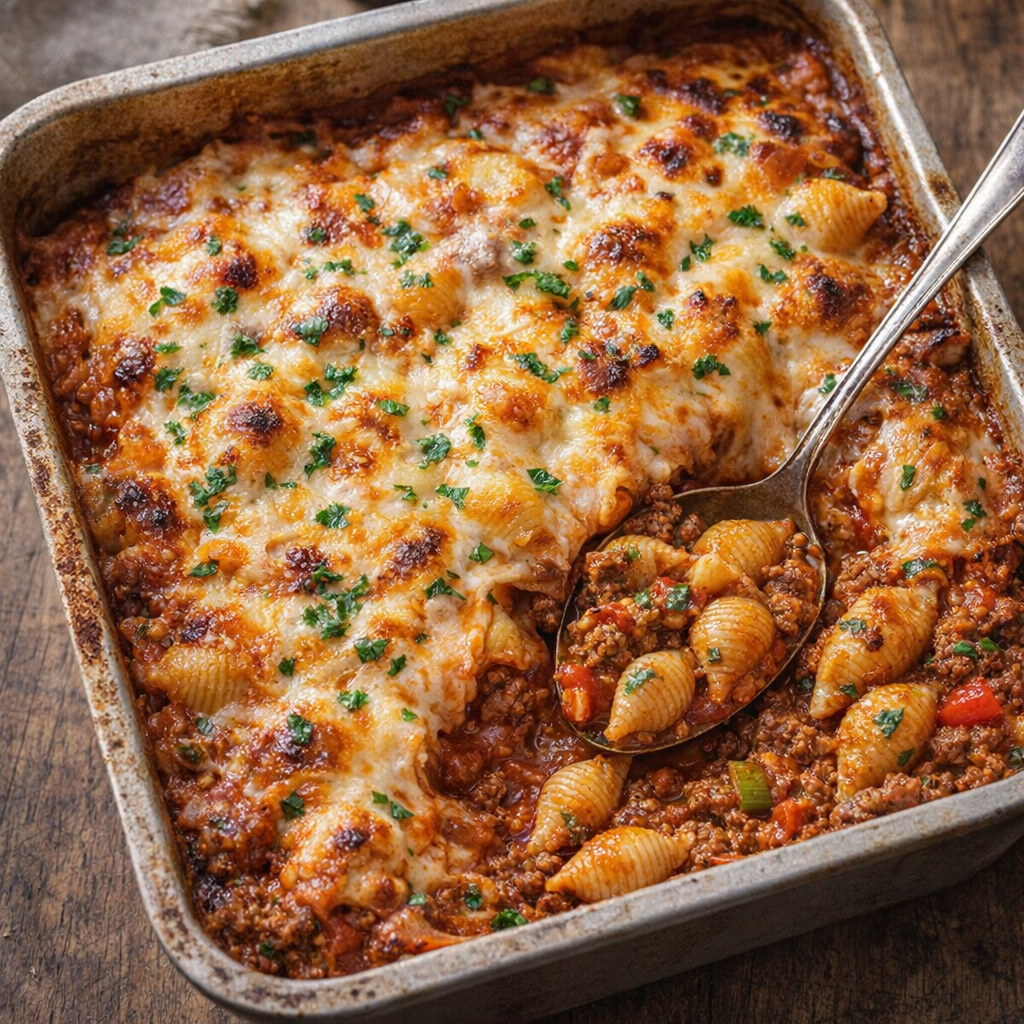 Baked casserole-style shell pasta with browned cheese top