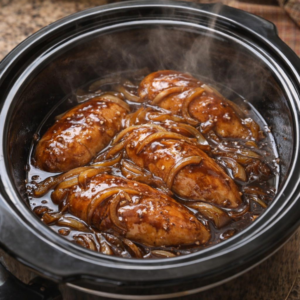 Cooked teriyaki chicken in the slow cooker with glossy sauce