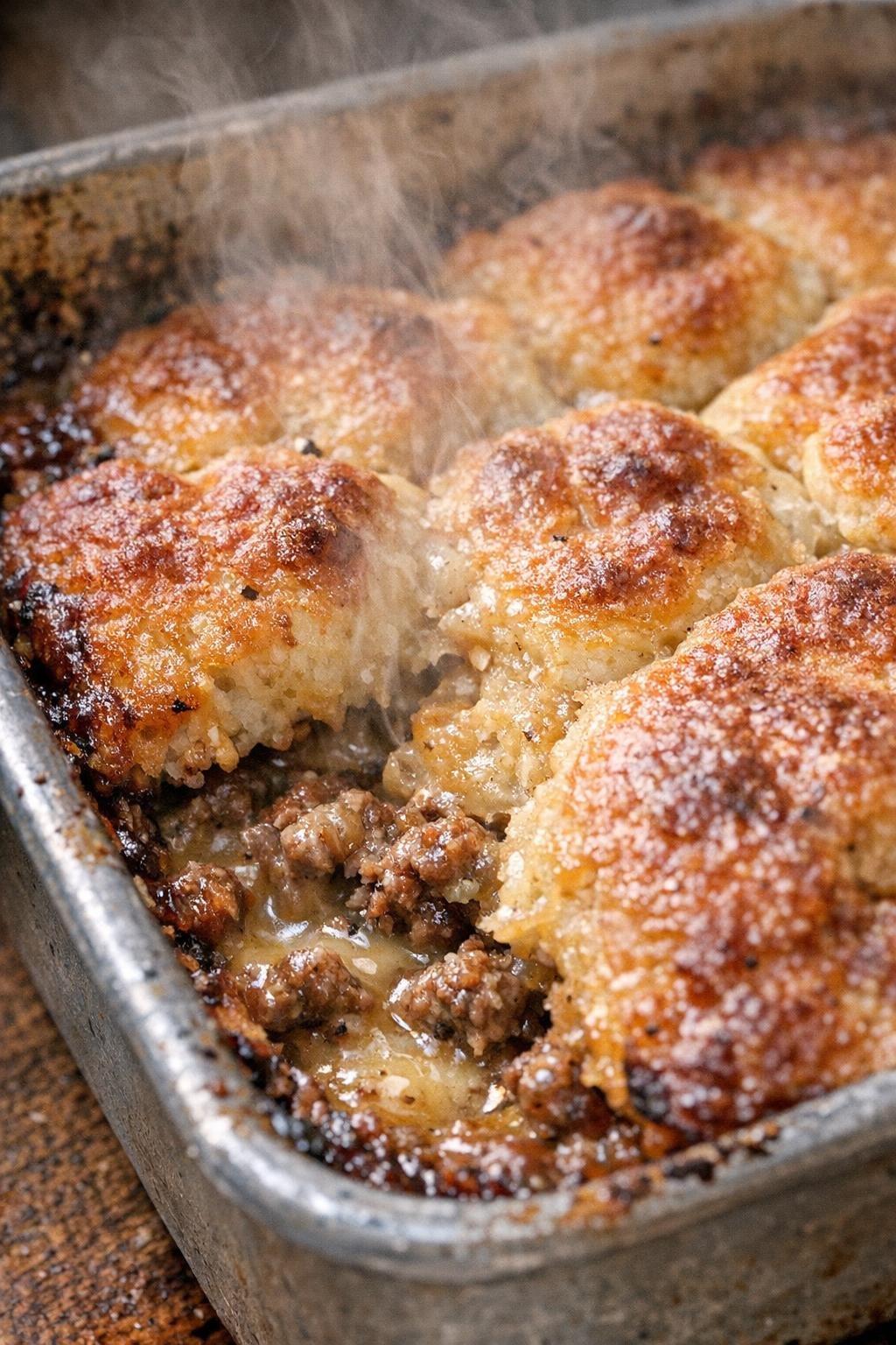 Vintage beef biscuit bake with bubbling golden-brown crust in a metal baking pan