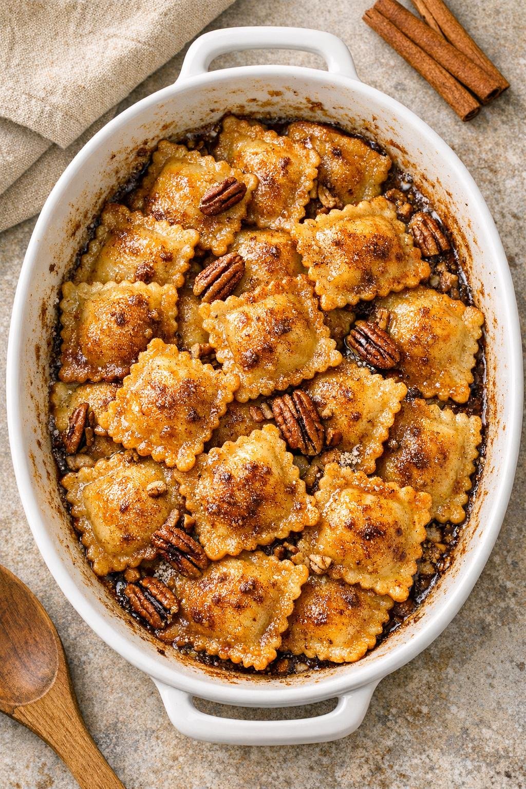 Baked pumpkin ravioli dessert in a white casserole dish