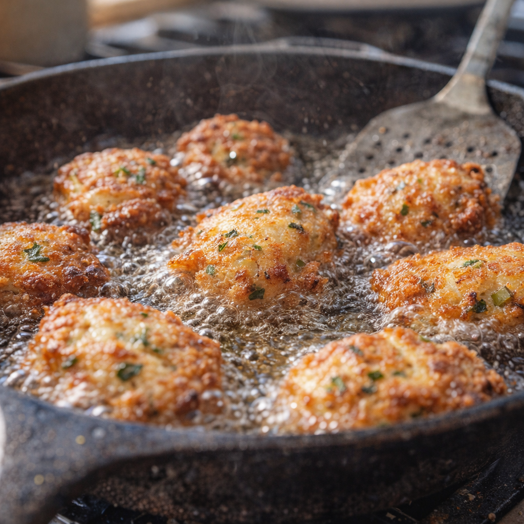Chicken fritter frying in a cast-iron skillet