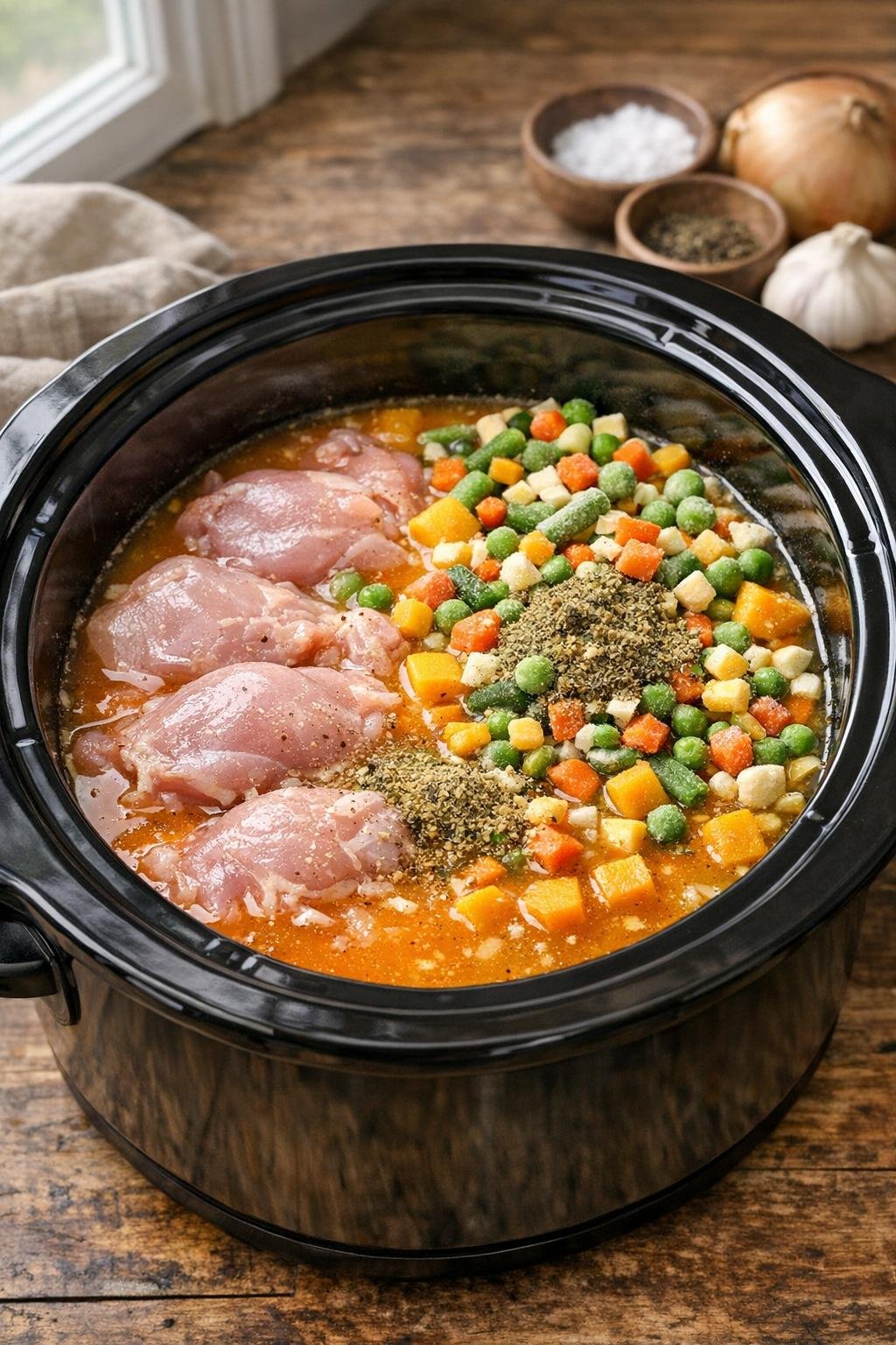 Slowcooker gevuld met rauwe kip, pompoensoep, bouillon, groenten en kruiden.