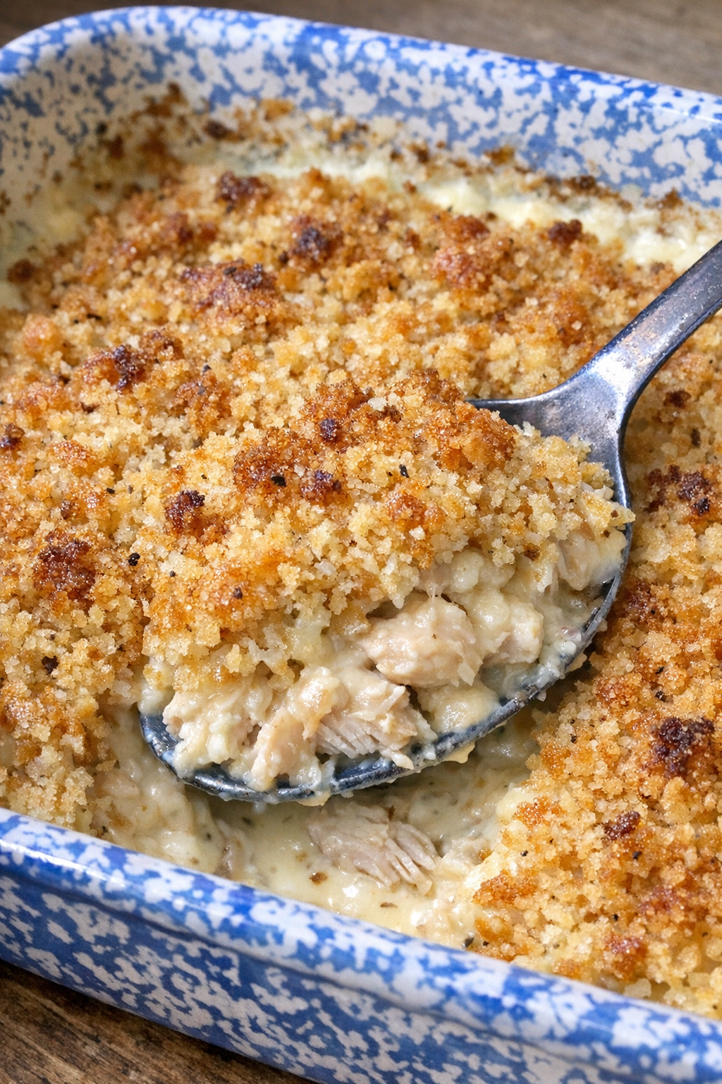Golden browned chicken in cream sauce with breadcrumb topping