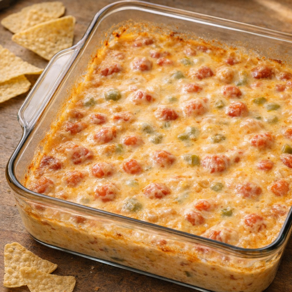 Bubbling Rotel dip in a glass casserole on a farmhouse counter