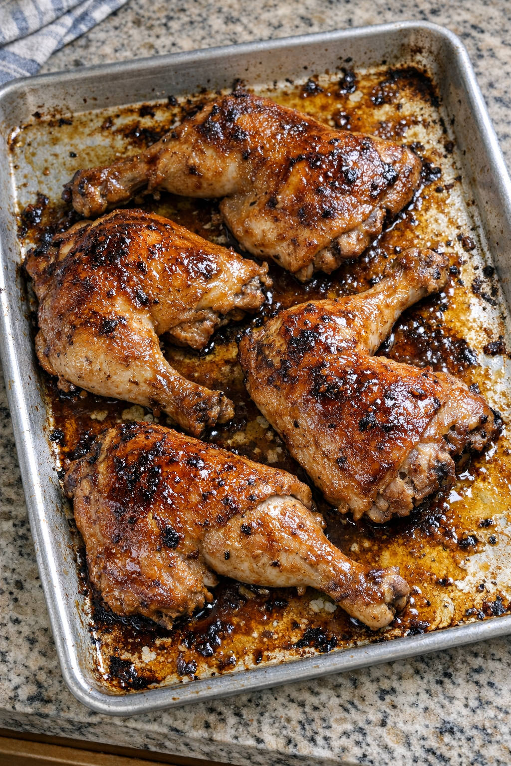 Finished baked chicken leg quarters on a sheet pan