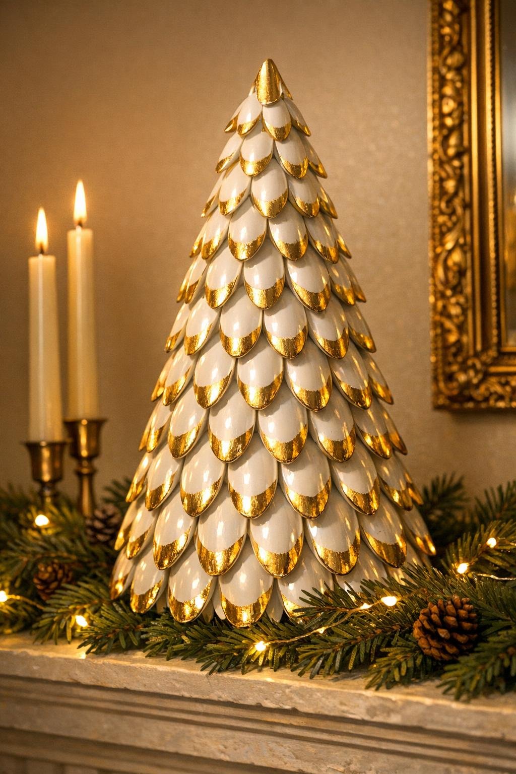 Finished gilded scale mantel tree styled on a mantel