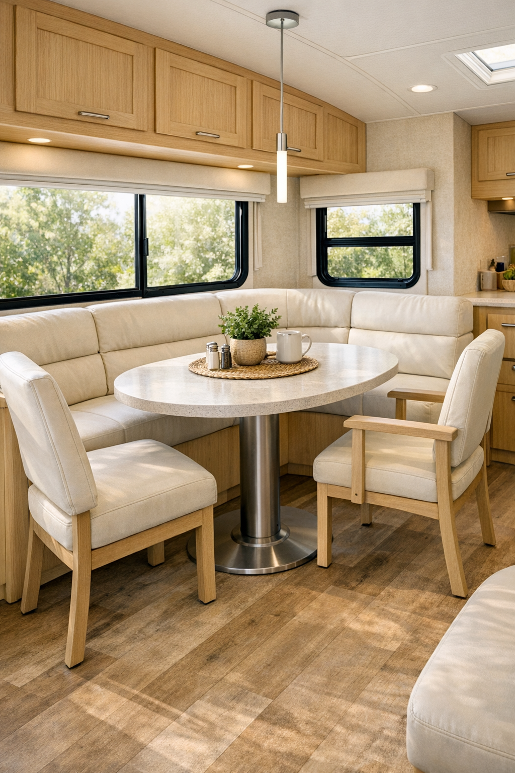 Accessible RV camper dining area with rounded table, banquette seating, and light wood finishes