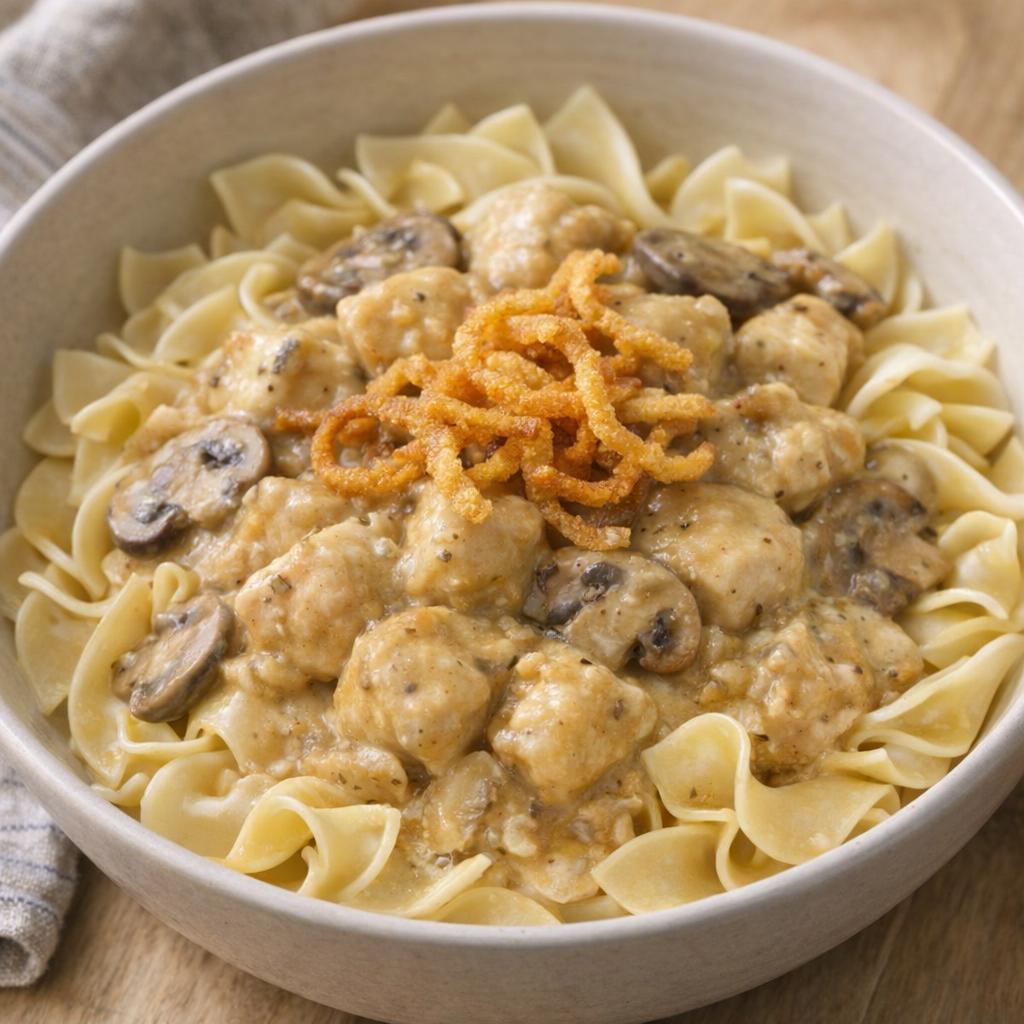 Kid-friendly bowl of chicken royale with bite-size pieces