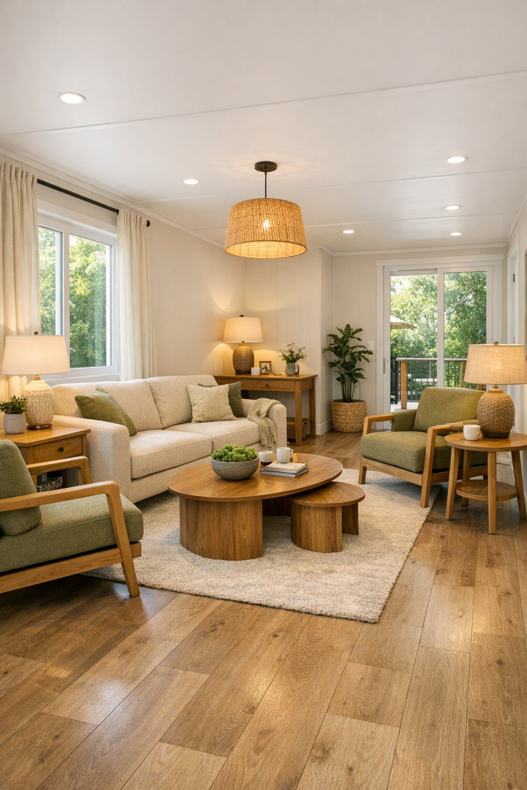 Bright living room with moss and cream tones in a senior-friendly container home