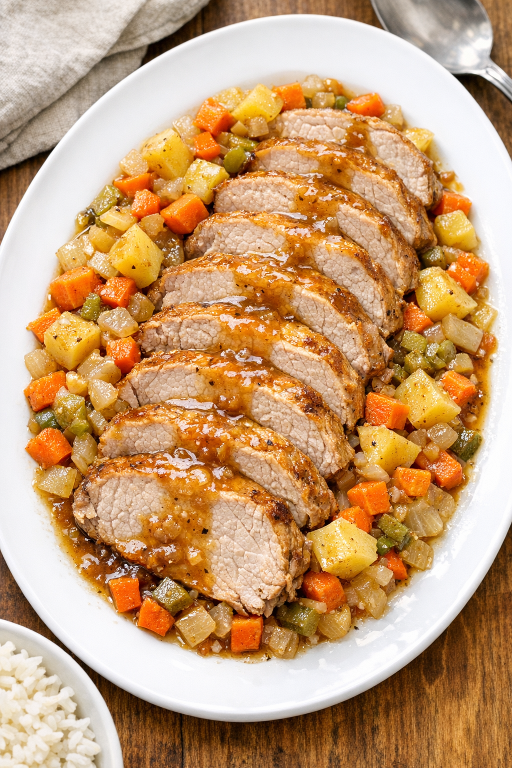 Finished sliced pork loin with vegetables and sauce on a platter